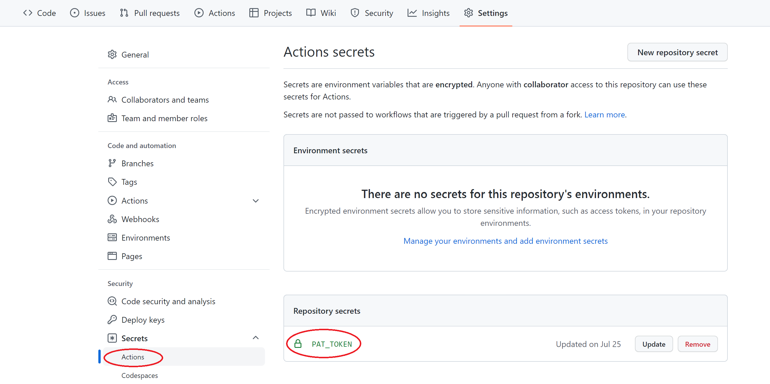 Location of actions secrets
